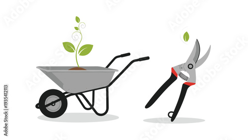 Garden wheelbarrow filled with soil and a small seedling next to a pair of sharp pruning shears for spring planting and yard maintenance.