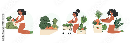Woman buying fresh organic vegetables online adding groceries to shopping cart and receiving eco friendly delivery box with plants in flat minimalist style vector illustration set
