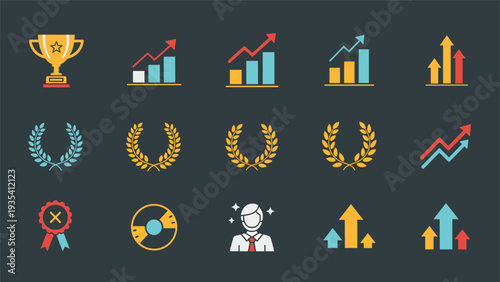 Set of colorful business icons representing success growth and achievement including a trophy laurel wreaths people and upward trend charts.