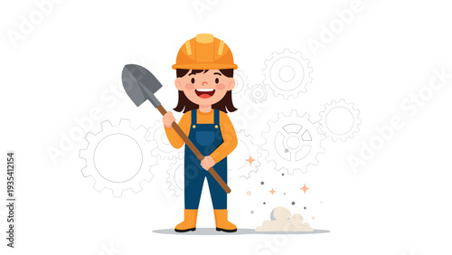 Cheerful female construction worker wearing a yellow hard hat and blue overalls holding a shovel with mechanical gears behind her.