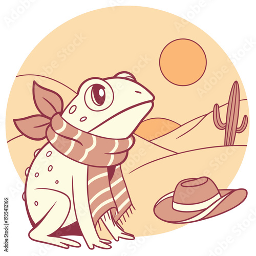 Vector illustration of a Funny Frog with with a scarf, styled in a Desert sunset theme using Sundown Glow colors