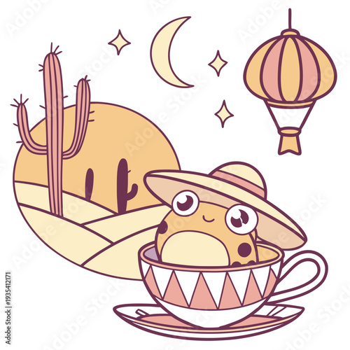 Playful expression on a Frog in a Desert sunset theme, with in a teacup – Sundown Glow vector art
