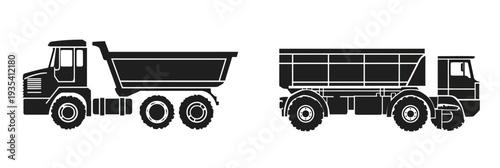 Silhouette side view of heavy duty off road dump truck and articulated dump truck construction vehicles black and white flat design vector icons