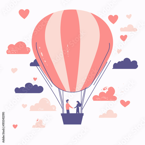 Romantic Couple Holding Hands in Red Pink Striped Hot Air Balloon Surrounded by Heart Shapes and Clouds Flat Vector Illustration for Valentine's Day Love Concept
