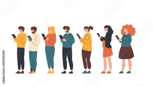 Group of diverse young adults standing in a row using smartphones in casual clothing flat vector illustration with modern minimalist style for digital communication or social network concept