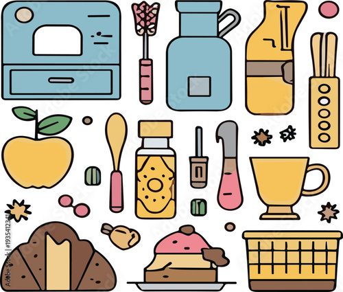 Coffee Brewing and Bakery Elements Collection Coffee Maker Grinder Cup Bread Dessert Kitchen Vector Illustration Set