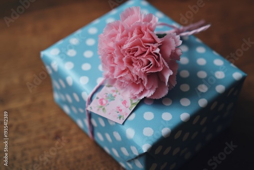 Blue gift wrapped with white polka dots. Pink flower adorns the top. Soft focus highlights the gift's charm. Ribbon ties around the box. Small tag with floral print hangs beside