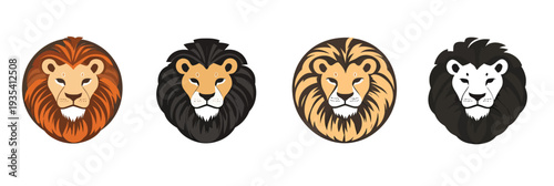 Set of four stylized lion face icons with different mane colors in flat minimalist vector design for wildlife and animal concept illustration