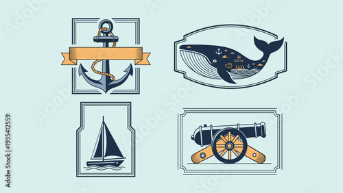 Nautical themed emblems featuring a maritime anchor a large whale a small sailboat and an old naval cannon in framed borders.