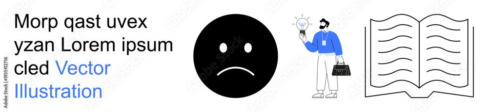 Fototapeta premium Creativity, problem solving, emotions, education, innovation, and communication. A sad face emoticon, a businessman holding a lightbulb and an open book. Creativity and problem solving concept