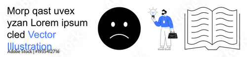 Creativity, problem solving, emotions, education, innovation, and communication. A sad face emoticon, a businessman holding a lightbulb and an open book. Creativity and problem solving concept