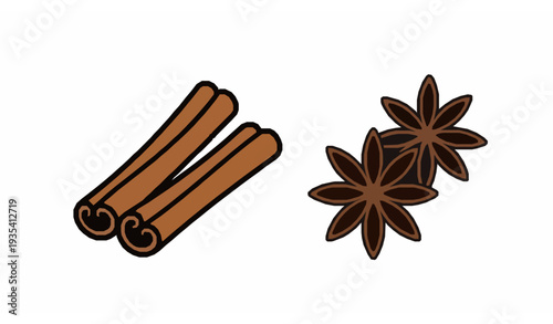Cinnamon and star anise minimal icon vector set