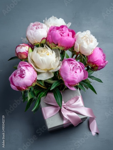 Pink and white peonies bloom beside a gift box. Soft ribbon ties the box with elegant grace. Green leaves add natural contrast to the scene. Gentle lighting highlights each petal's texture