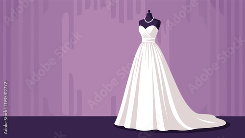 Beautiful white wedding dress with a sweetheart neckline and full skirt displayed on a mannequin against a purple background.