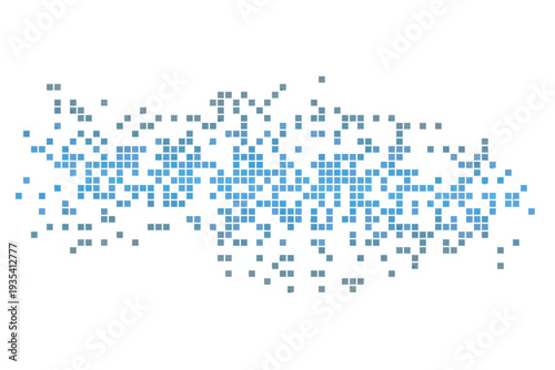 Cool blue and grey square pixels create a refreshing digital wave spreading on a white canvas