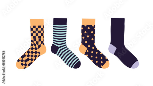 Four individual patterned socks featuring checkered stripes and polka dot designs in navy blue and orange color combinations.