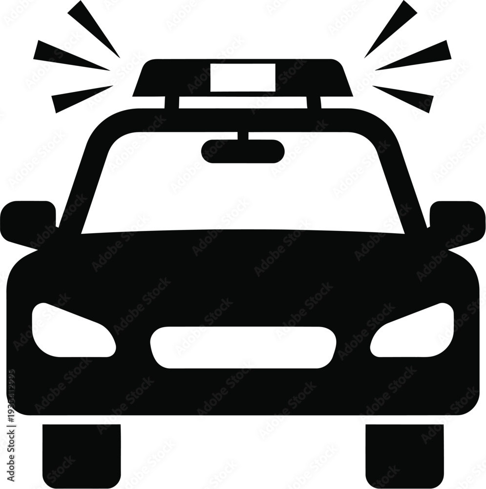 Obraz premium Police car with active emergency lights. Police cruiser with headlights, a grille, and a roof-mounted light bar with flashing effects. Law enforcement, emergency services, or security themes. 