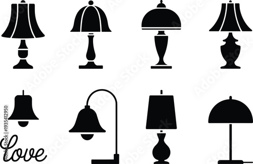 Vintage table lamps and hanging lights silhouettes set with classic interior lighting decor elements and retro home lamp icons