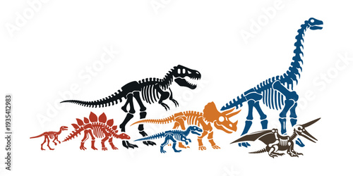 Group of stylized dinosaur fossil skeletons on a white background, representing paleontology, ancient life, and extinction