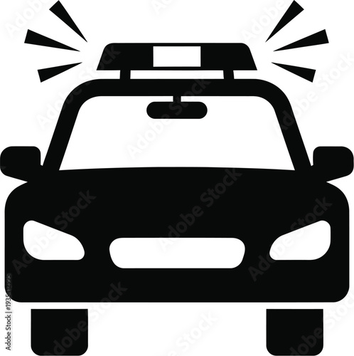 Police car with active emergency lights. Police cruiser with  headlights, a grille, and a roof-mounted light bar with flashing effects. Law enforcement, emergency services, or security themes. 
