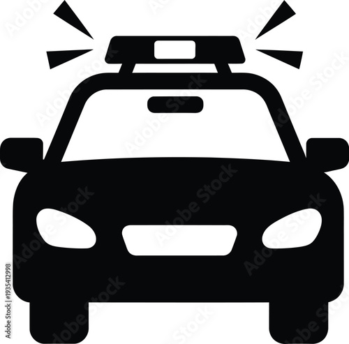 Police car with active emergency lights. Police cruiser with  headlights, a grille, and a roof-mounted light bar with flashing effects. Law enforcement, emergency services, or security themes. 
