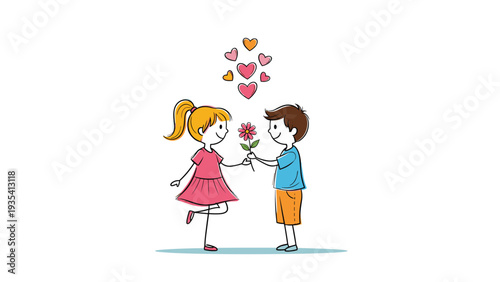 Cute hand drawn illustration of a young boy giving a pink flower to a girl with colorful hearts floating above their heads.