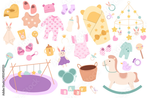 Newborn baby elements. Hand drawn set with baby furniture, clothing and newborn supplies. Includes crib mobile, baby clothes, toys, feeding accessories, bath items and nursery decor elements.