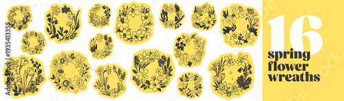 Hand drawn spring flower wreath collection with daffodils and wildflowers botanical doodle frames for seasonal greeting cards invitations and design