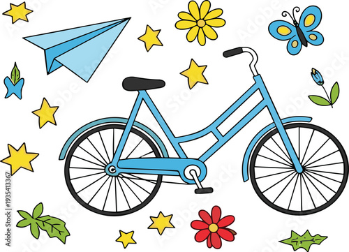 Cute bicycle and nature doodle vector illustration with paper airplane stars flowers butterfly and leaves playful design