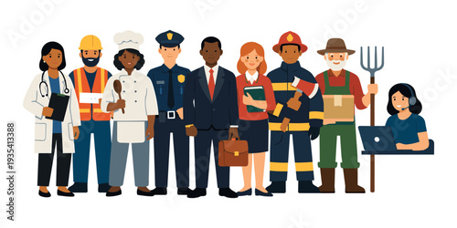 Community of working professionals portraying different occupations, demonstrating career diversity, employment, and teamwork