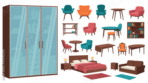 Comprehensive collection of home furniture items including a large wardrobe bed sofa chairs tables and bookshelves for room design.
