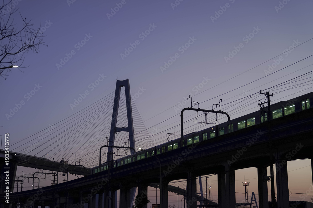 Fototapeta premium 夕暮れの高架橋を走る電車と都市インフラ風景