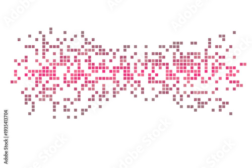Fuchsia and violet pixel squares coalesce into a lively digital wave on a crisp white backdrop