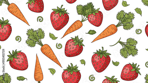 Healthy food seamless pattern featuring hand drawn strawberries, carrots, and green leaves scattered across a clean white background.