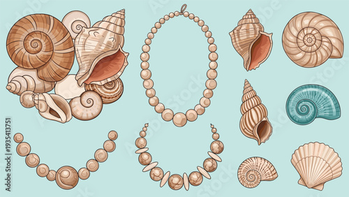 Artistic arrangement of various sea shells and pearl necklaces in shades of beige and cream on a soft blue background.