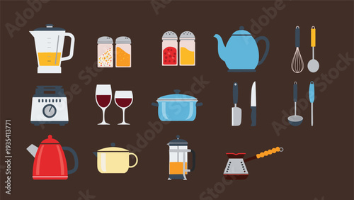 Large set of colorful kitchenware icons including pots, pans, kettles, blenders, and utensils on a dark brown background.