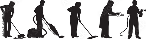 Black silhouette collection of five cleaning activity poses on a white background, minimal outline.