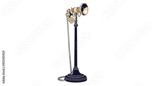 Vintage black candlestick telephone with a tall stand and a separate mouthpiece receiver on a white background.