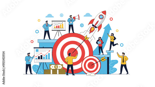 Business team aiming for success with target boards, rockets, and financial growth charts in a collaborative environment.