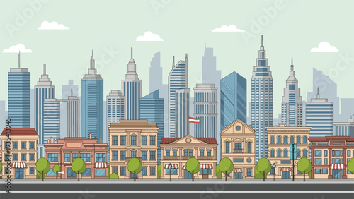 Wide panoramic view of a modern city skyline with skyscrapers and classic urban buildings under a cloudy sky.