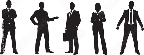 Black silhouette collection of five business people standing poses on a white background, minimal outline