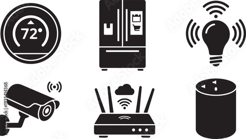 Internet of Things (IoT), Smart Home Automation and Connected Device Network Swiss Style Symbolism Icon Set Vector Illustration