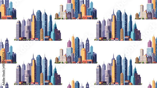 Seamless pattern design featuring repetitive rows of a modern city skyline with various skyscrapers and urban buildings.