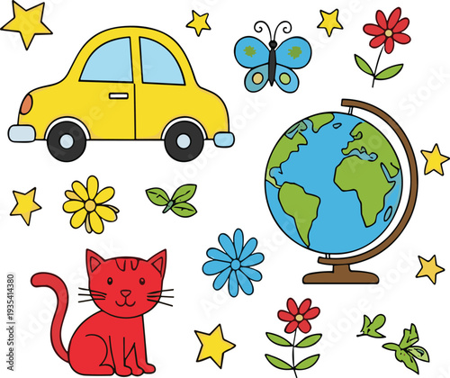 Cute doodle elements vector set with car globe cat butterfly flowers stars and nature objects illustration