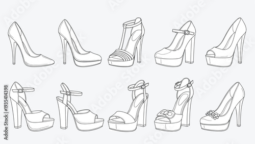 Extensive collection of women high heel shoe sketches featuring various styles of pumps and sandals in black and white.