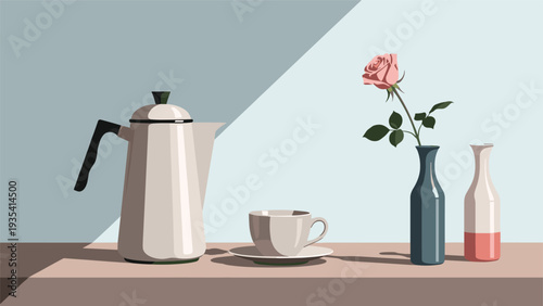 Minimalist still life illustration featuring a tall coffee pot, a porcelain cup on a saucer, and a single pink rose in a blue vase.