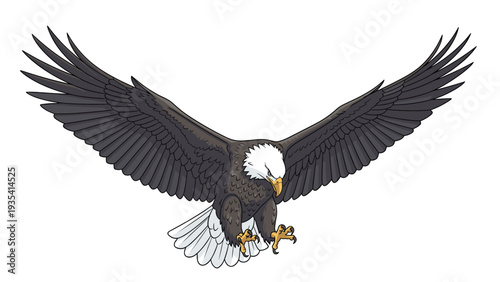 Powerful bald eagle soaring through the air with its wings fully spread and talons ready for action in a clean vector illustration.