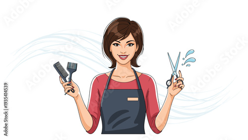 Smiling female hairdresser wearing an apron and holding a comb and scissors while standing against a stylized hair wave background.