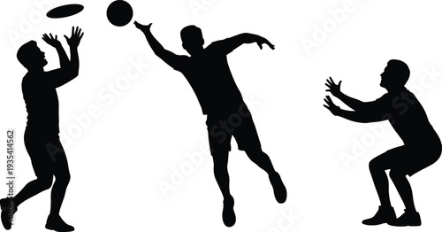 Volleyball player silhouettes with athletes jumping hitting and catching ball isolated on white background sport vector illustration set