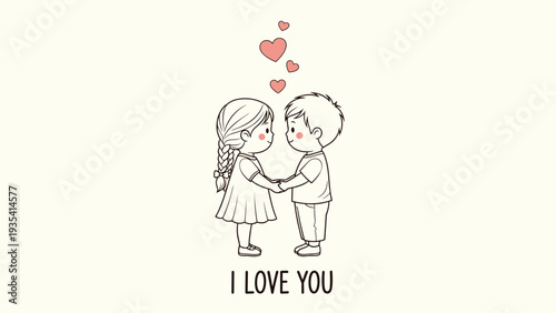 Sweet hand drawn illustration of a young boy and girl holding hands with floating hearts and I Love You message.